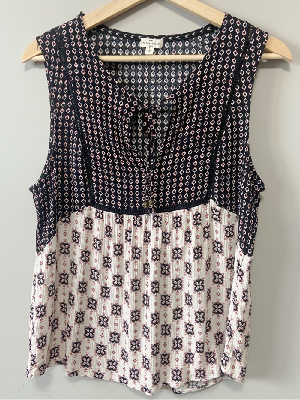 Sleeveless Mixed-Print Navy and White Tie-Neck Camisole